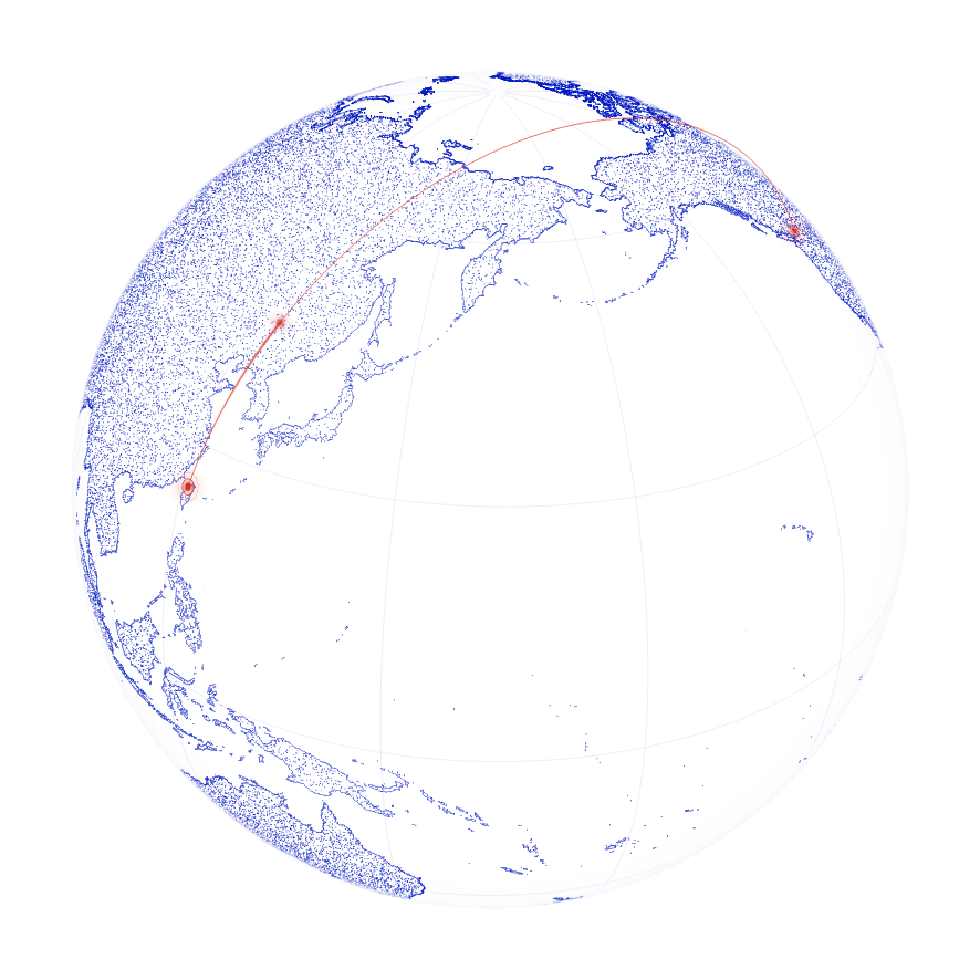A blue particle globe with a single red connection between Taiwan and the Pacific coast of North America.